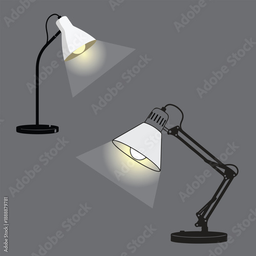 Two desk lamps one modern adjustable and one classic architect style casting light on a gray background perfect for study or office concepts