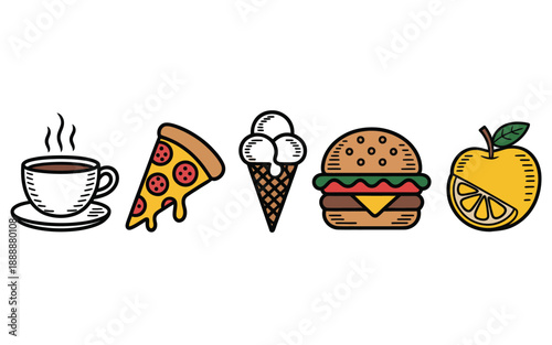 Minimalist line art icons of popular fast food and drinks