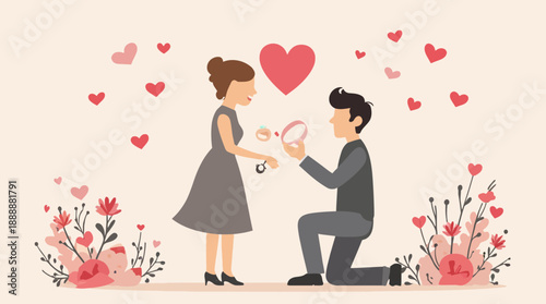 A man kneels to propose marriage to a happy woman holding a heart key, surrounded by floating hearts and flowers.