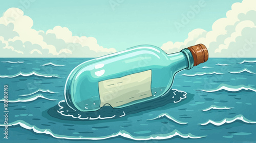 A message in a glass bottle floats on the vast blue ocean under a cloudy sky.