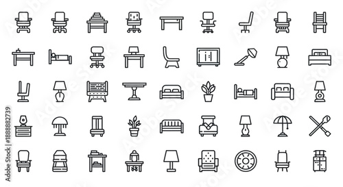 A collection of minimalistic black line icons depicting various furniture and household objects arranged in a grid