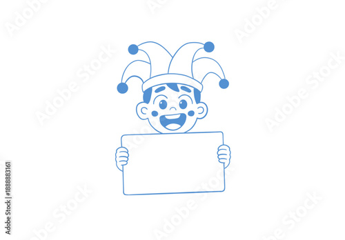 Cute jester boy doodle holding blank sign with hand drawn clown character and empty board for text art decoration
