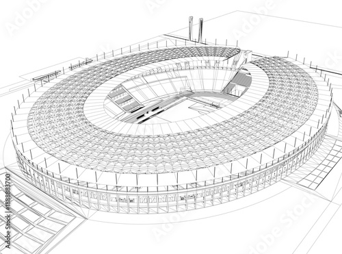 A 3D wireframe model of a large football stadium, featuring a blueprint design with numerous detailed windows and structural elements.