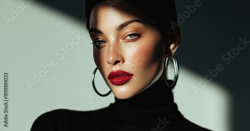 a beautiful woman with dark red lipstick wearing a black long-sleeved top posing for a cosmetic commercial, large silver hoop earrings