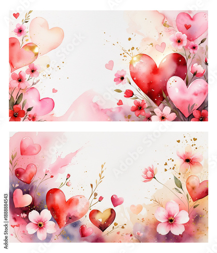 Romantic Watercolor Hearts and Flowers Background for Valentine Cards, Wedding Stationery, Social Media Posts and Decorative Love Designs.