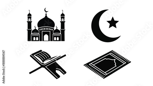 Islamic symbols including a mosque crescent moon and quran silhouette