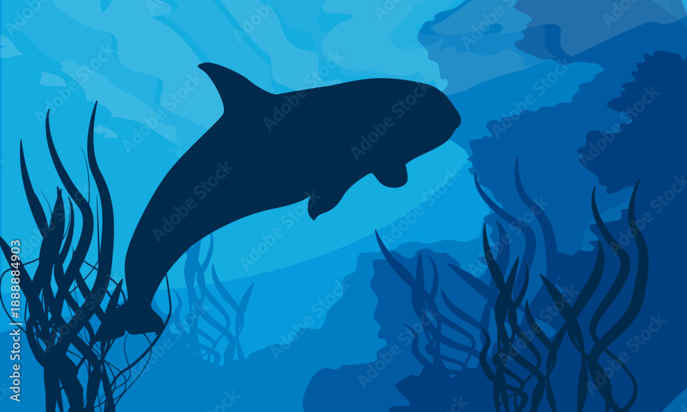 Fototapeta premium A minimalist flat landscape with a killer whale silhouette near underwater rocks with seaweed. A realistic vector image of a marine mammal in its habitat.