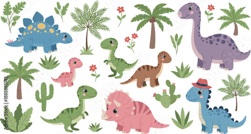 Cute colorful dinosaur set with tropical plants and palm trees, cartoon prehistoric animals vector illustration for kids and nursery