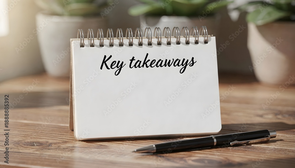 Fototapeta premium A clean workspace featuring a notepad with the inscription 'Key takeaways', complemented by lush potted plants, setting a scene for reflection and planning on a wooden desk