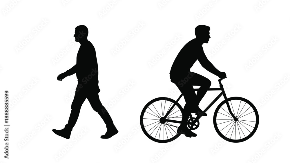 Obraz premium A pedestrian and cyclist depicted in a stark black silhouette