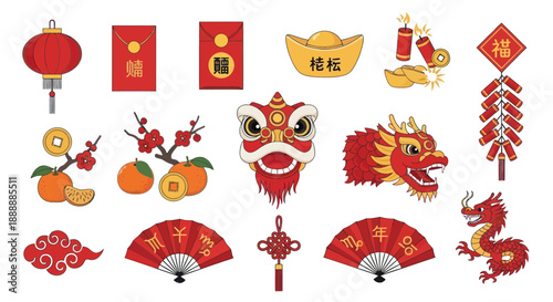 Chinese New Year Icons: Dragon, Lantern, Red Envelopes, Firecrackers, Lucky Symbols