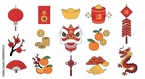 Chinese New Year Symbols: Dragon, Lantern, Red Envelope, Firecrackers, Oranges, Lion Dance