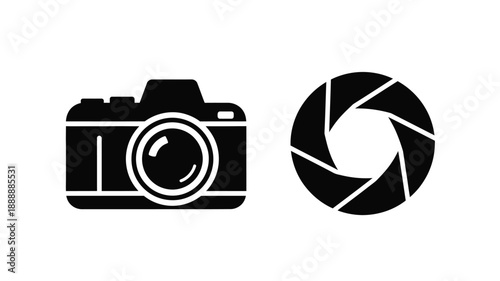 Black camera and aperture icons graphic design elements silhouette