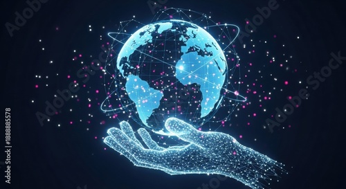 Translucent Blue Globe Held by Wireframe Hand with Network. Futuristic Earth with Pink and White Connectivity Nodes. Digital Global Communication Theme.