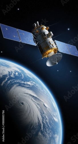 Satellite Orbiting Earth with Solar Panels Over Ocean Storm. Space Exploration Technology and Scientific Illustration. Cylindrical Satellite with Blue Solar Panels in Space.