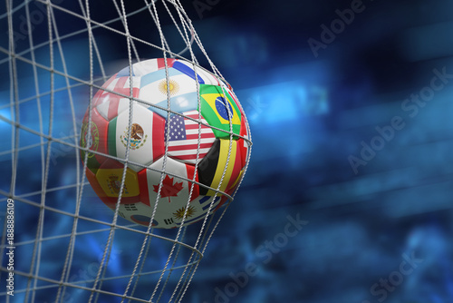 Soccer ball with 2026 world championship flags scoring the goal and moving the net. 3D illustration.
