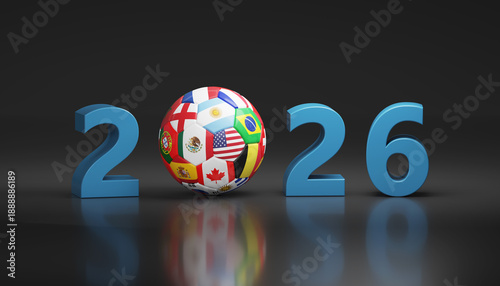 Three-dimensional year 2026 with the World Cup soccer ball. 3d illustration.