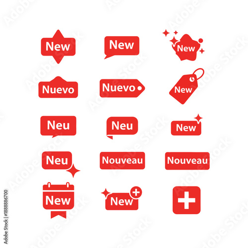 A diverse set of red graphic icons and labels displaying "New" in English, Spanish, German, and French.