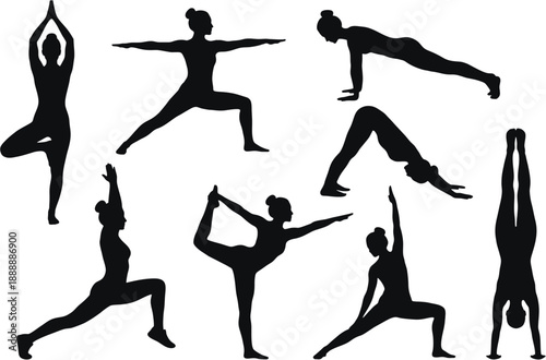 Set of Woman Yoga Poses Silhouettes in Various Asanas for Fitness Wellness and Mindfulness Concept Vector
