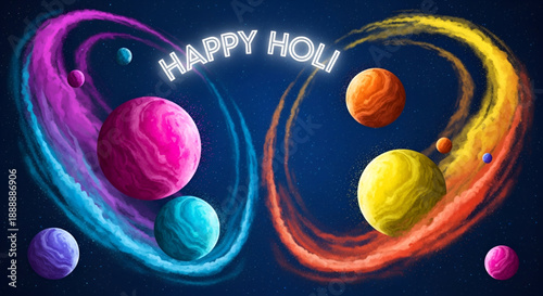 Holi cosmic colorful planets and powder swirl illustration in space background for festival greeting banner and creative commercial celebration design