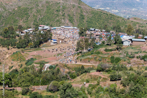 Overhead View of Large Bustling Village Market in Rural Ethiopia