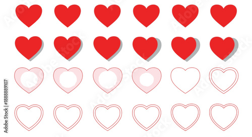 A collection of vibrant red and soft pink hearts arranged in three distinct rows on a white background