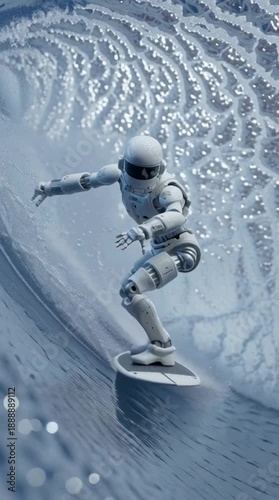 Robot Surfer Riding Giant Wave in Futuristic Surfing Competition