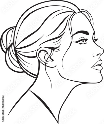 Elegant Woman Profile Line Art Sketch, Beautiful Face with Updo Hairstyle