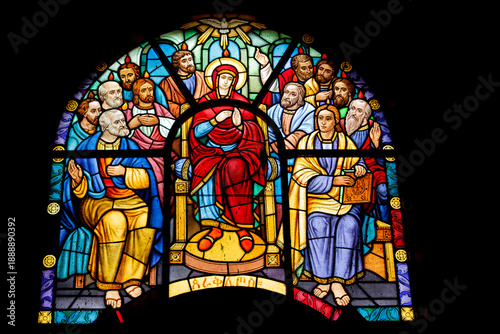 Fotografie Ornate stained glass window in an Ethiopian Orthodox church depicting the Virgin