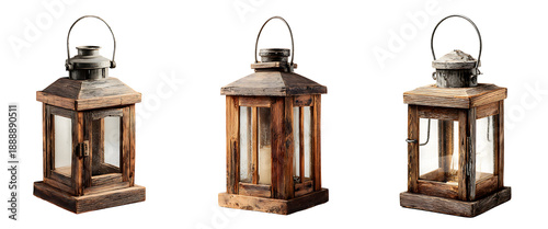 Wallpaper Mural Set of rustic wooden lanterns with glass panels isolated on a white or transparent background Torontodigital.ca