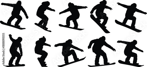 Black Silhouette Set of Professional Snowboarders Performing Jumps and Air Tricks Isolated on White Background for Winter Sports and Extreme Action Graphic Design