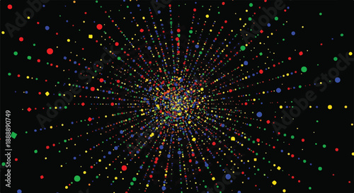 Dynamic abstract background with a burst of multicolored dots radiating from the center, illustrating technology, innovation, or a universe.