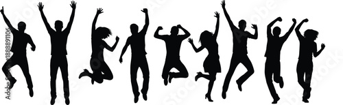 Black Silhouette Set of Diverse People Jumping in Celebration and Joy Isolated on White Background for Success Happiness and Party Graphic Design Vector