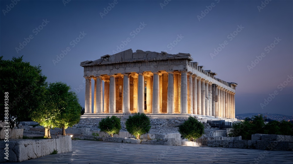 Fototapeta premium Parthenon Acropolis illuminated at night with LED lights, showcasing ancient Greek architecture, surrounded by trees and a clear sky in Athens, Greece, with a serene atmosphere