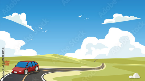Bright and clean vector illustration of a winding asphalt road. Leading through rolling green hills under a blue sky with fluffy white clouds. Red car is driving along the curve for travel content.