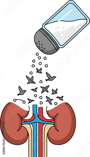 Illustration of Salt Affecting Human Kidneys with Birds, Health and Nutrition Concept