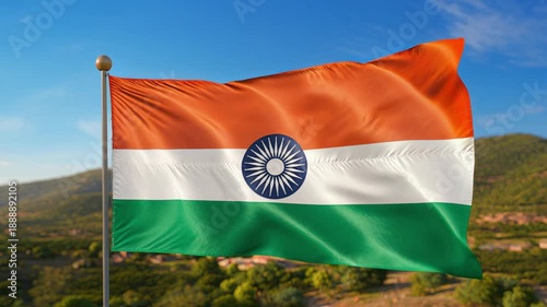 Majestic Indian Flag Waving Gracefully Against a Clear Blue Sky with Soft Clouds and Lush Green Hills