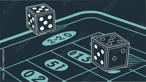 Two dice on a casino table with betting numbers