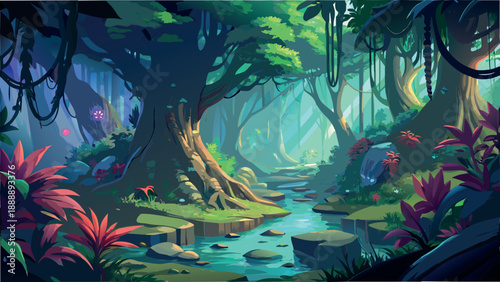 Enchanted Fantasy Forest with Ancient Tree, Magical River, and Tropical Plants Illustration
