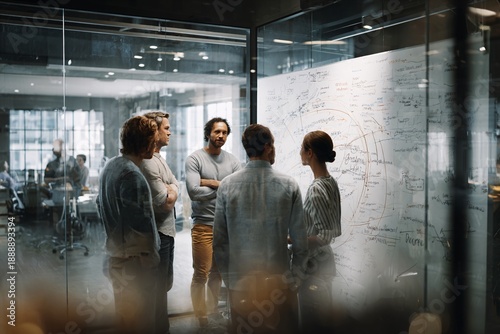 Diverse team brainstorming ideas on a glass whiteboard in a modern office