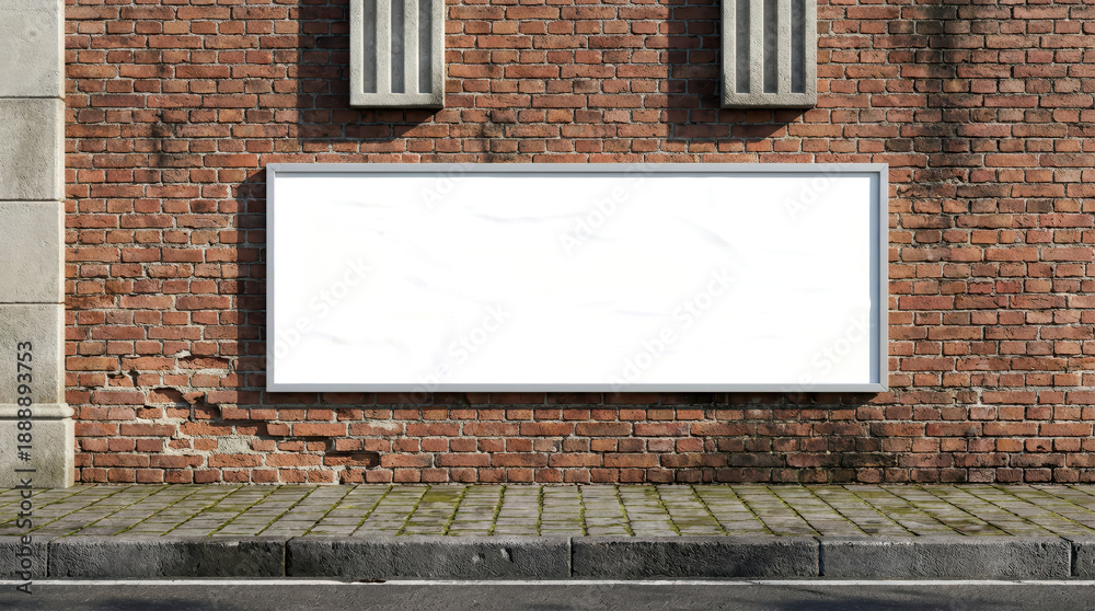 Obraz premium A framed billboard with abstract colorful art is mounted on a weathered brick wall above a tiled sidewalk and asphalt road advertisement poster mockup textured abstract art