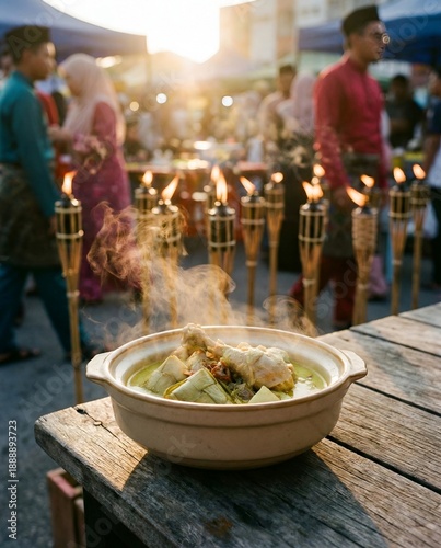 Steaming opor ayam served at ramadan bazaar