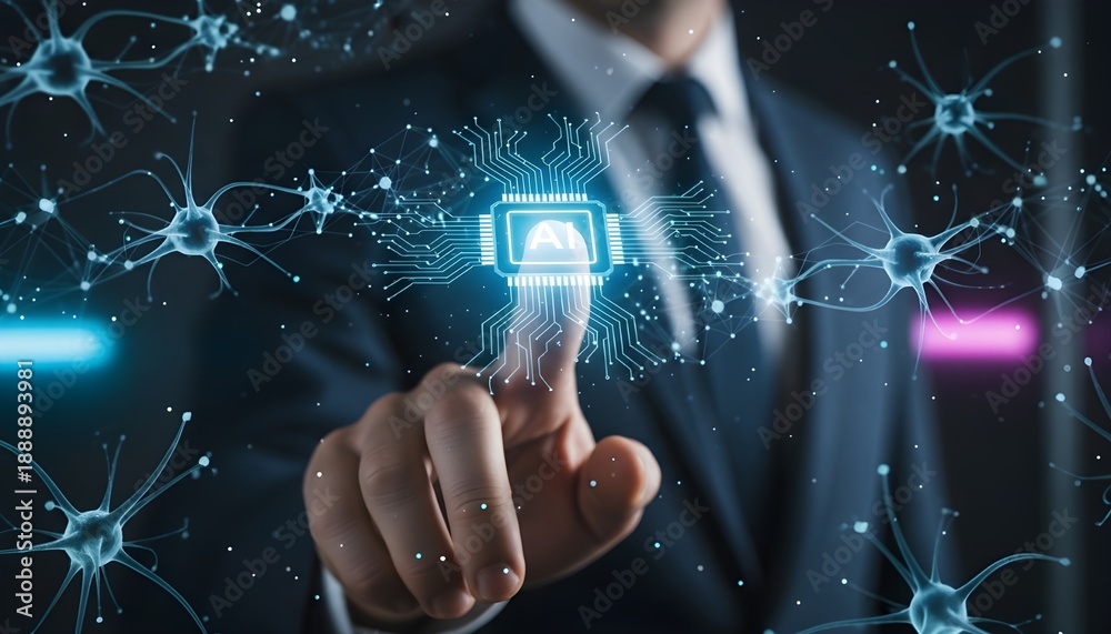 Naklejka premium Businessman interacting with glowing artificial intelligence circuit board displaying neural network connections and digital neuron structures representing advanced machine learning concepts