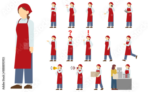 フラットイラスト：赤のエプロンを着たスーパー店員セット