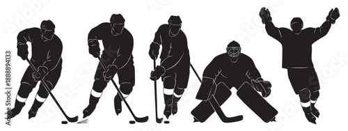 Set of silhouettes depicts hockey players in action, including skating, shooting, goalie saving, and celebration on white background.
