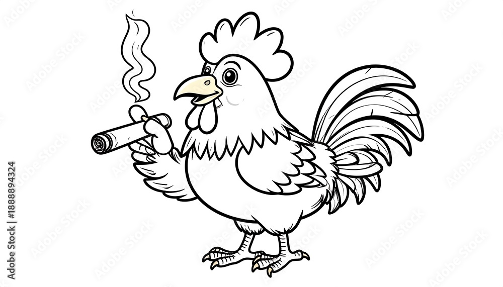 Obraz premium Line art illustration depicts a rooster with a cigar. Smoke rises from the cigar. The bird stands upright, chest puffed out