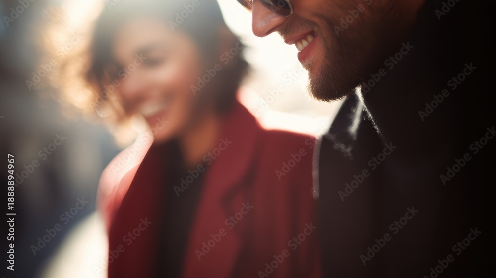 Couple laughing in bright daylight, urban lifestyle setting, stylish fashion vibe, joyful and energetic mood