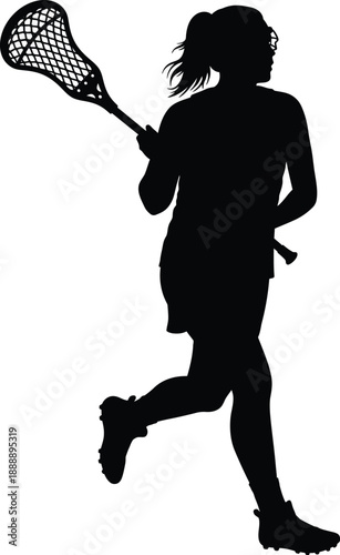 Female Lacrosse Player Silhouette Running with Stick, Black Sports Action
