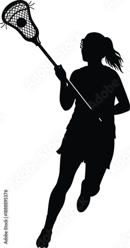 Female Lacrosse Player Silhouette Running with Stick and Ball, Sports Action