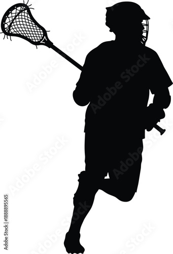 Running Lacrosse Player Silhouette with Stick, Black Sports Action Figure
